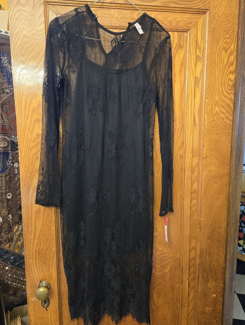 Black Lace Long Sleeve Slip Dress XS